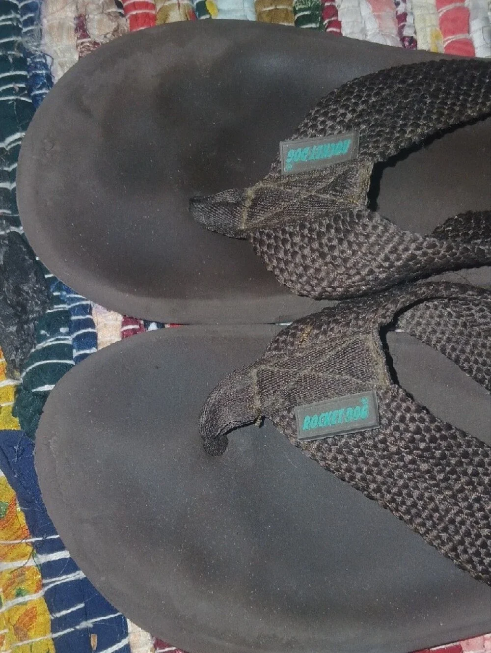 Rocket Dog Brown Flip Flops with Teal Logo Condition Issues On Bottom